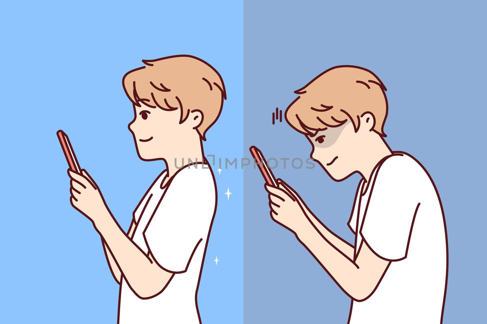 Boy with poor posture plays on phone and needs to straighten spine, before and after going to osteopath. Child with cellphone hunched over and spoiled posture due to excessive fascination with gadgets