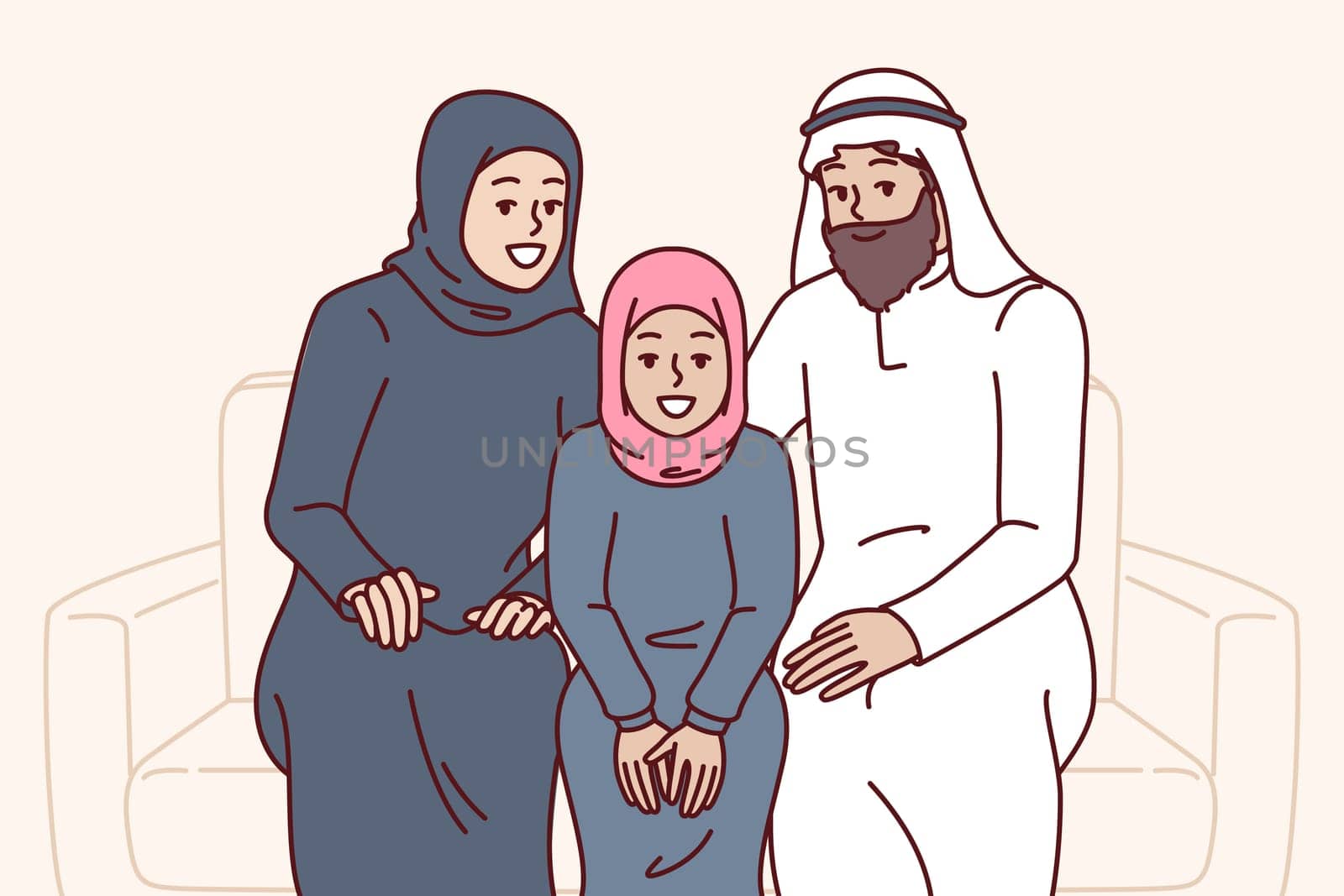 Arab family sits on sofa together with daughter, dressed in islamic clothing hijab or kandura. Arab people smiling posing on couch and inviting to visit Saudi Arabia or Qatar with tourist trip