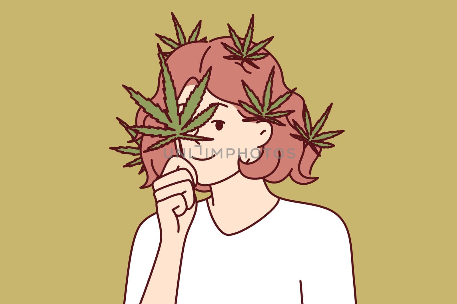 Woman with cannabis petals on face and hair calls for legalization of marijuana for medical and recreational purposes. Girl decorates hair with cannabis, wanting to prove advantage of using cannabis