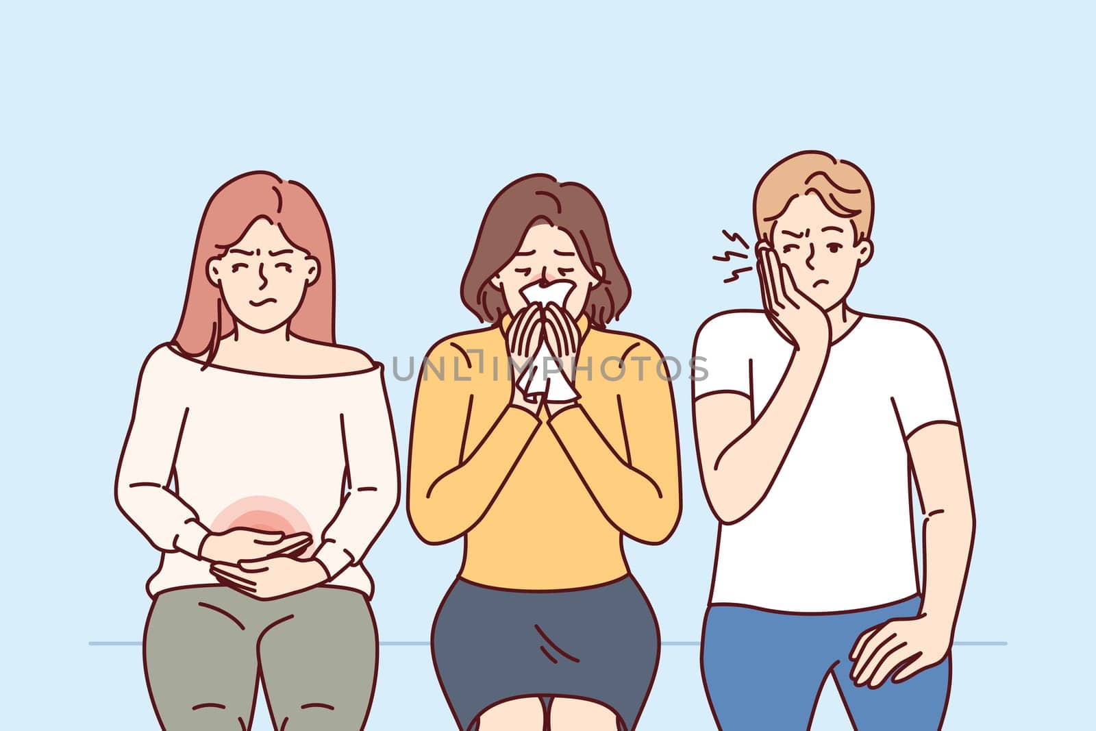 Sick people are waiting in line to see doctor, and need urgent medical treatment and advice from medical practitioner. Man and two women wait long time for free doctor due to lack of health insurance