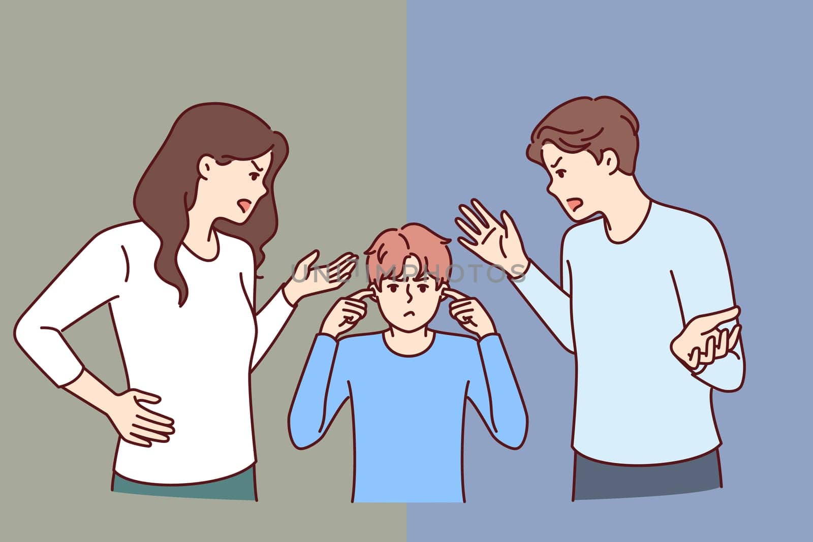 Kid stands between screaming parents scolding son for pranks or poor school performance. Schoolboy closes ears, not wanting to listen to abuse of mom and dad and suffering from nervous parents