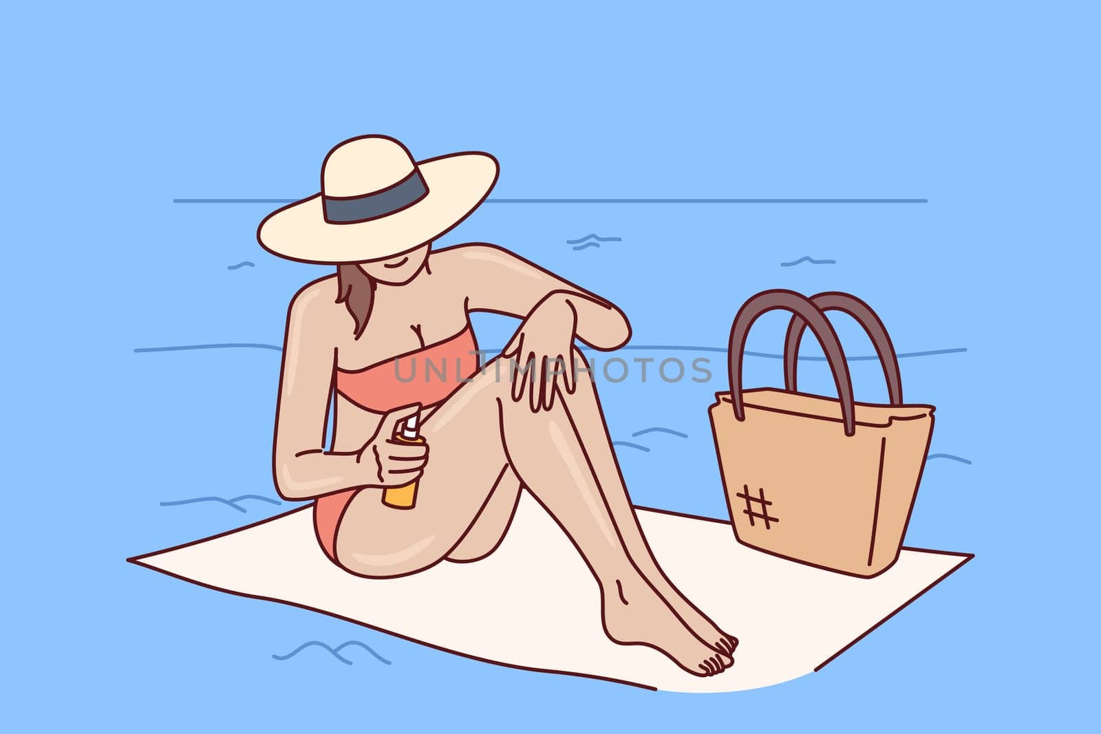 Woman applies sunscreen to protect herself from sun, relaxing on sea beach of tropical resort. Girl tourist uses sunscreen and counters ultraviolet rays, sitting on towel in hat and bikini