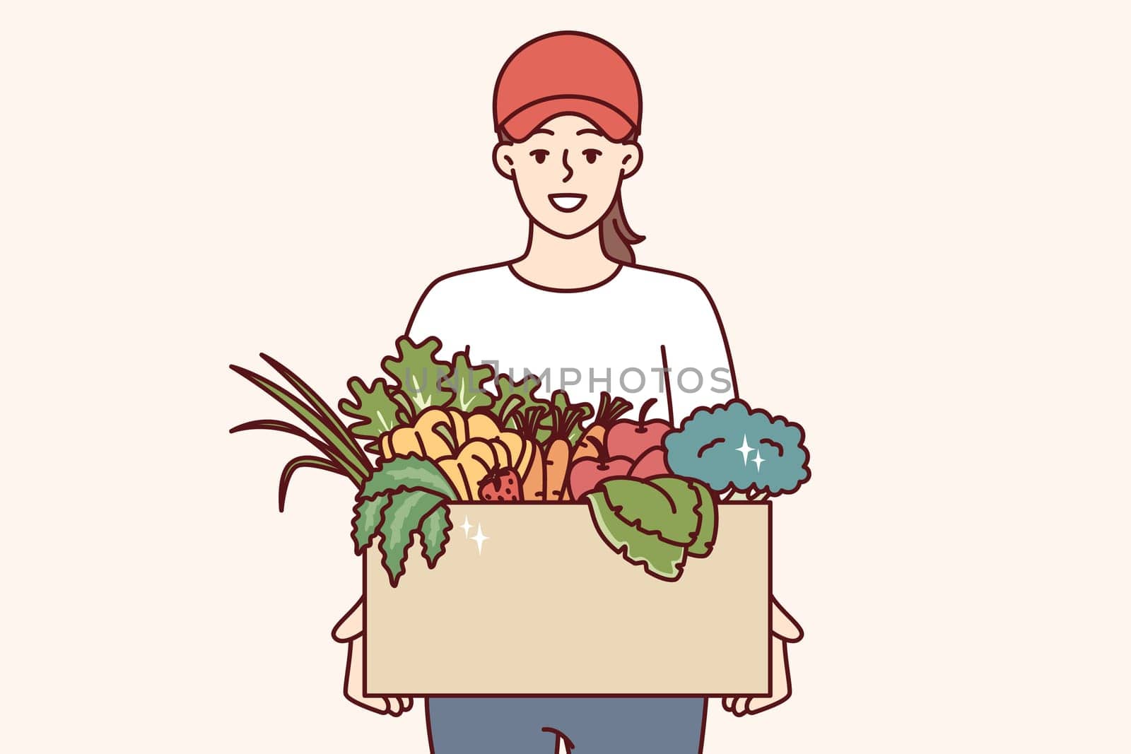 Woman farmer holds box of vegetables and fruits, offering to buy organic food at bargain price. Girl courier delivers eco vegetables grown without use of pesticides and fertilizers