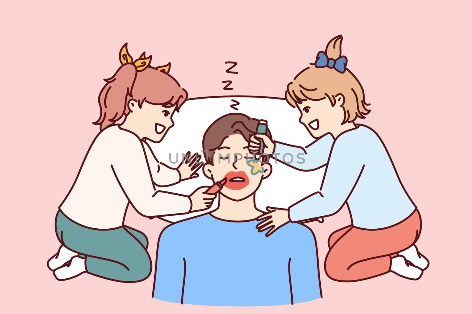 Funny little girls make up sleeping father by painting on man face with lipstick and colored markers. Two cheerful preteen daughters play pranks and laugh father sleeps after work.