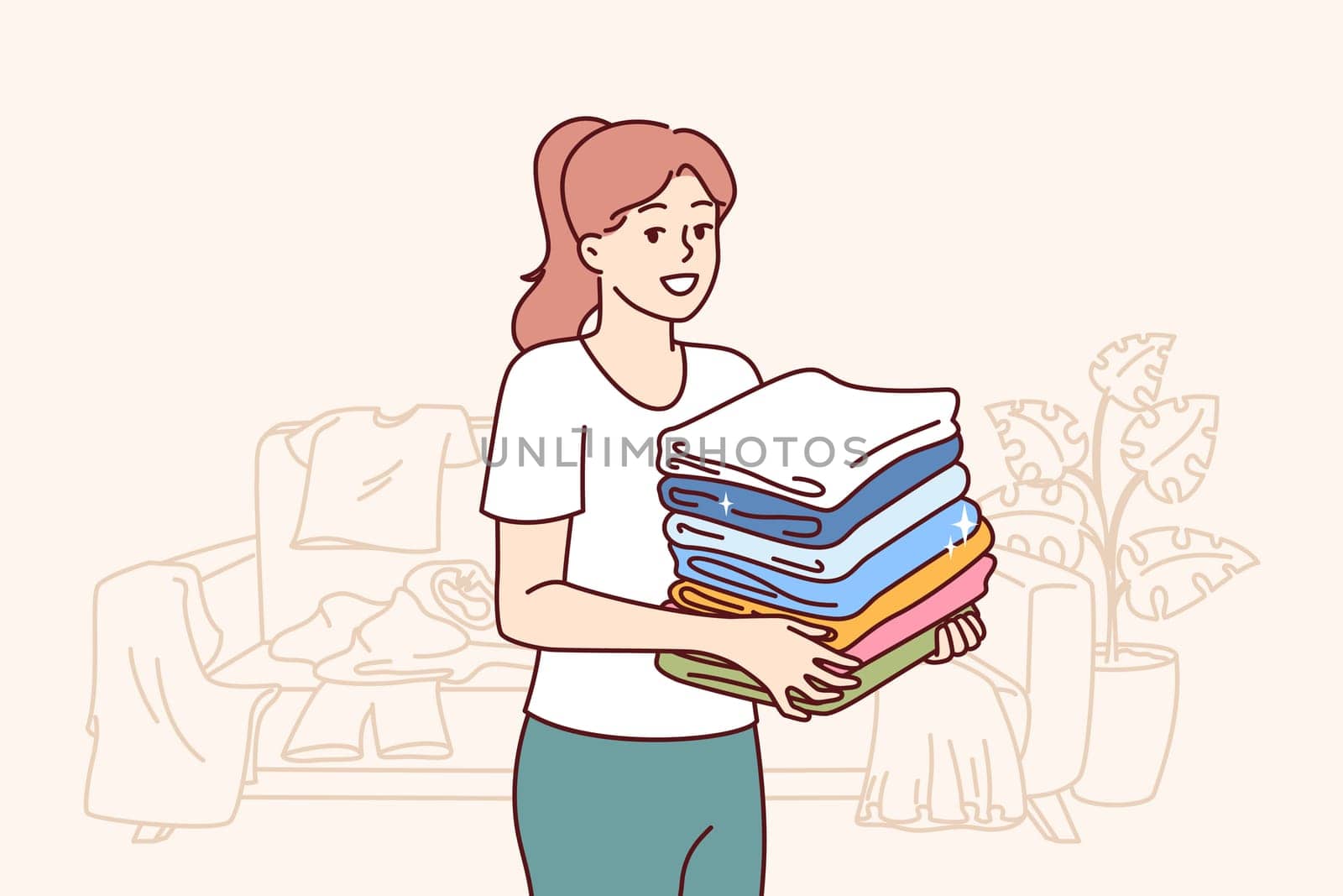 Kind woman housewife collects unwanted clothes around apartment to donate wardrobe items to charitable foundation. Housewife stands in room with scattered clothes and neatly stacks t-shirts in pile