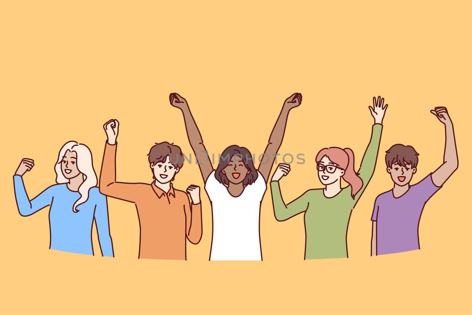 Cheerful diverse people raise hands up celebrating victory in joint educational project. Cheerful men and women in casual attire shouting for joy at arrival of good news to campus residents