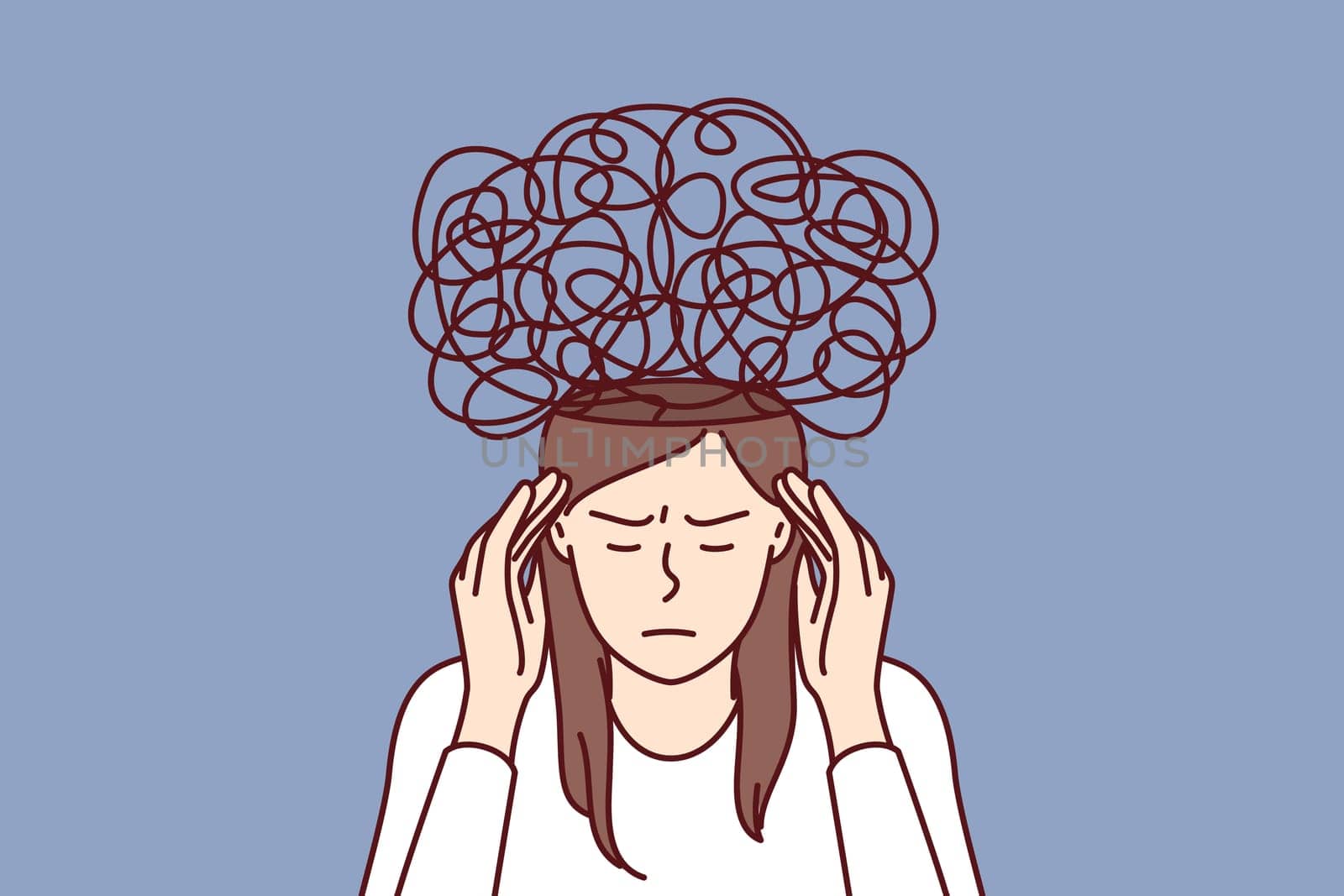 Thoughtful woman with chaos in mind, massages temples and tries to solve mental problems caused by excess stress. Girl with mental difficulties closes eyes making brainstorming for difficult decision.