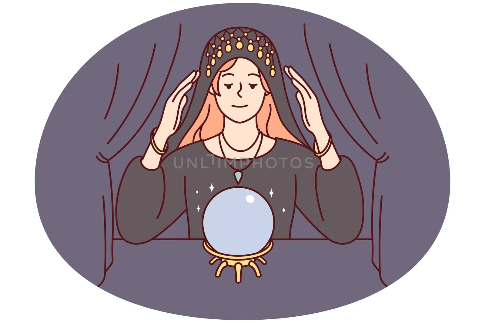 Female fortune teller look at magic ball predict future. Woman gypsy in robe do magical ritual in room. Vector illustration.