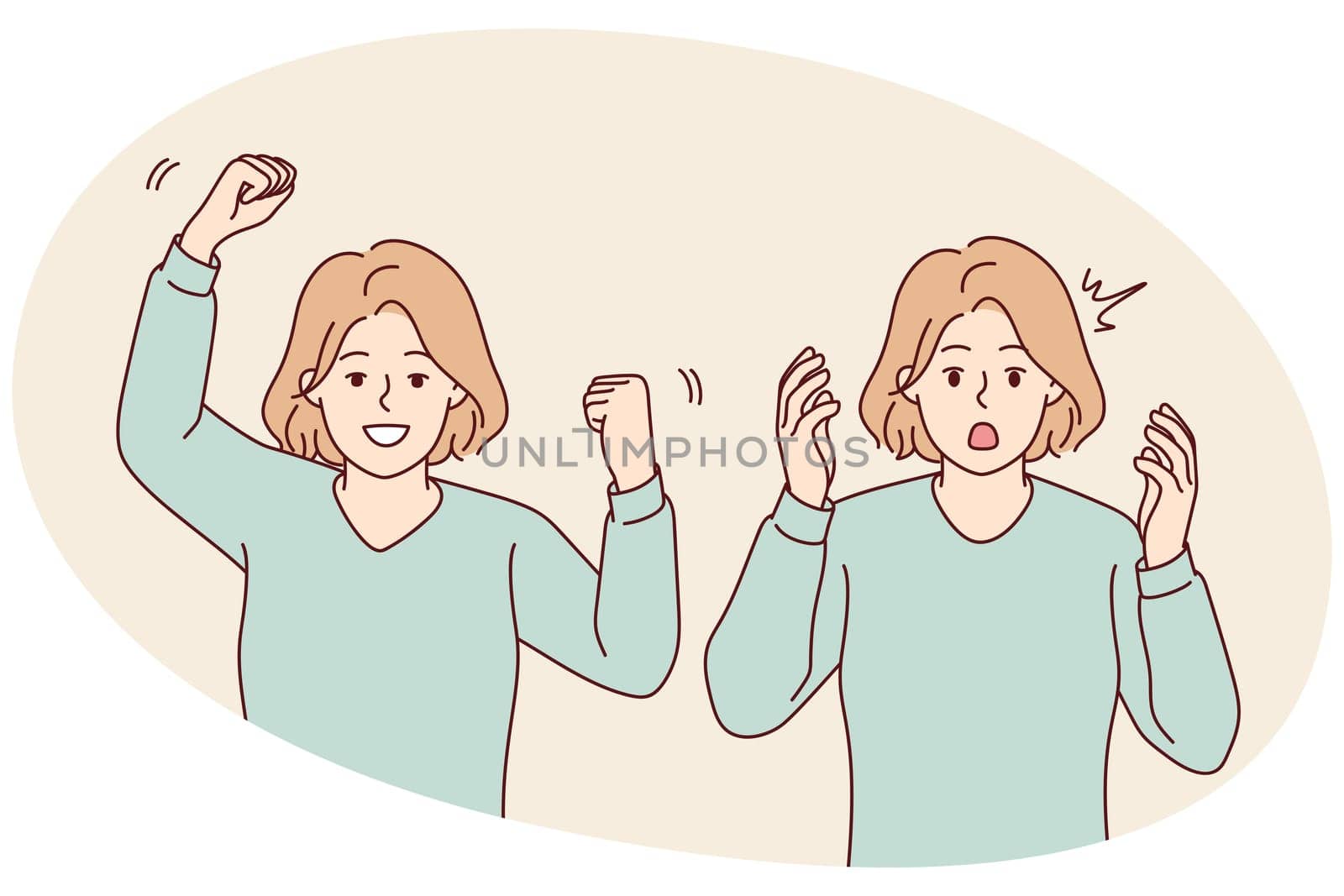 Young woman feeling unhappy and happy showing different emotions. Emotional girl feel stressed and excited. Mood swing. Vector illustration.