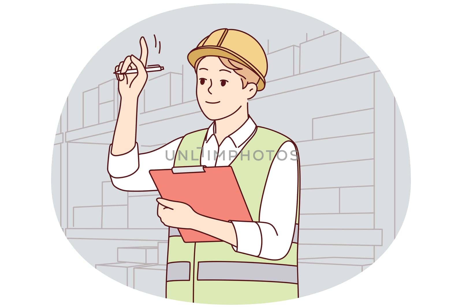 Man in uniform and helmet working in warehouse. Smiling male engineer or mechanic at storehouse or depot. Occupation and profession. Vector illustration.
