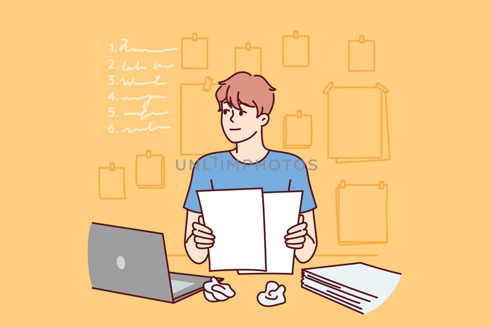 Man freelancer is doing paperwork, sitting at table with laptop and documents and thinking about plan for further actions. Guy does paperwork and makes list or checklist of future tasks