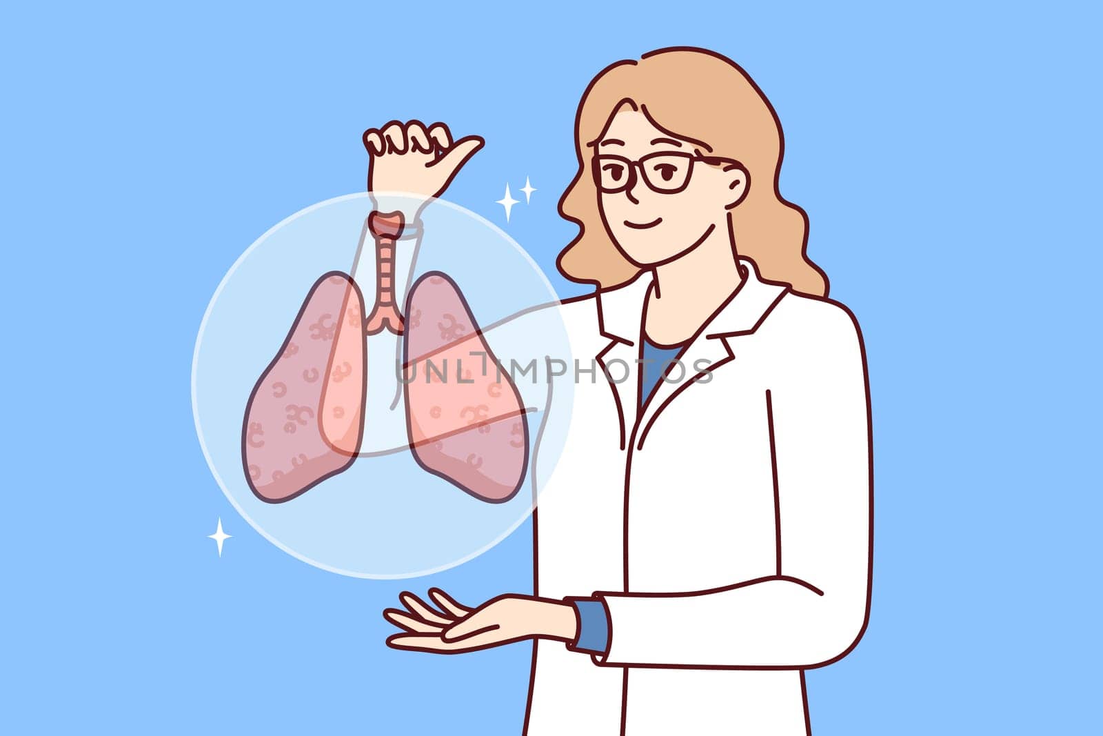 Woman doctor with smile demonstrates lungs of person offering to undergo medical examination of body. Medic in white coat recommends paying attention to lungs diseases bronchitis and tuberculosis
