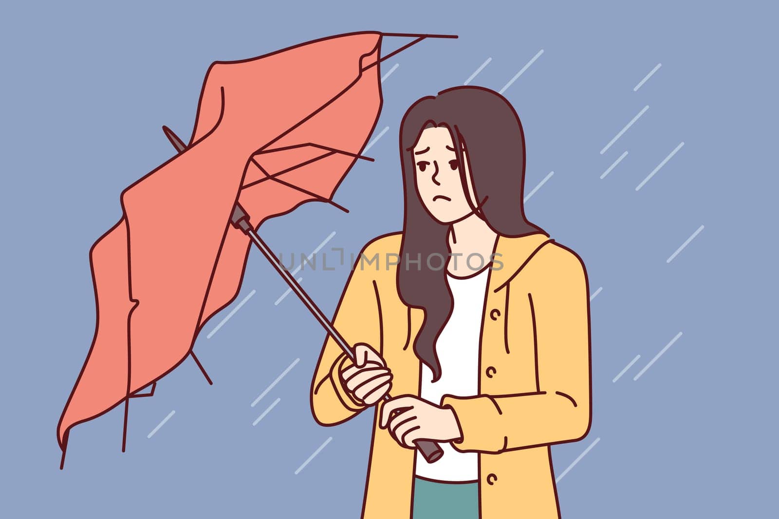 Wet woman stands with broken umbrella in heavy rain, and is sad because of cold and strong wind. Upset girl walking down street during storm and autumn rain needs waterproof clothes