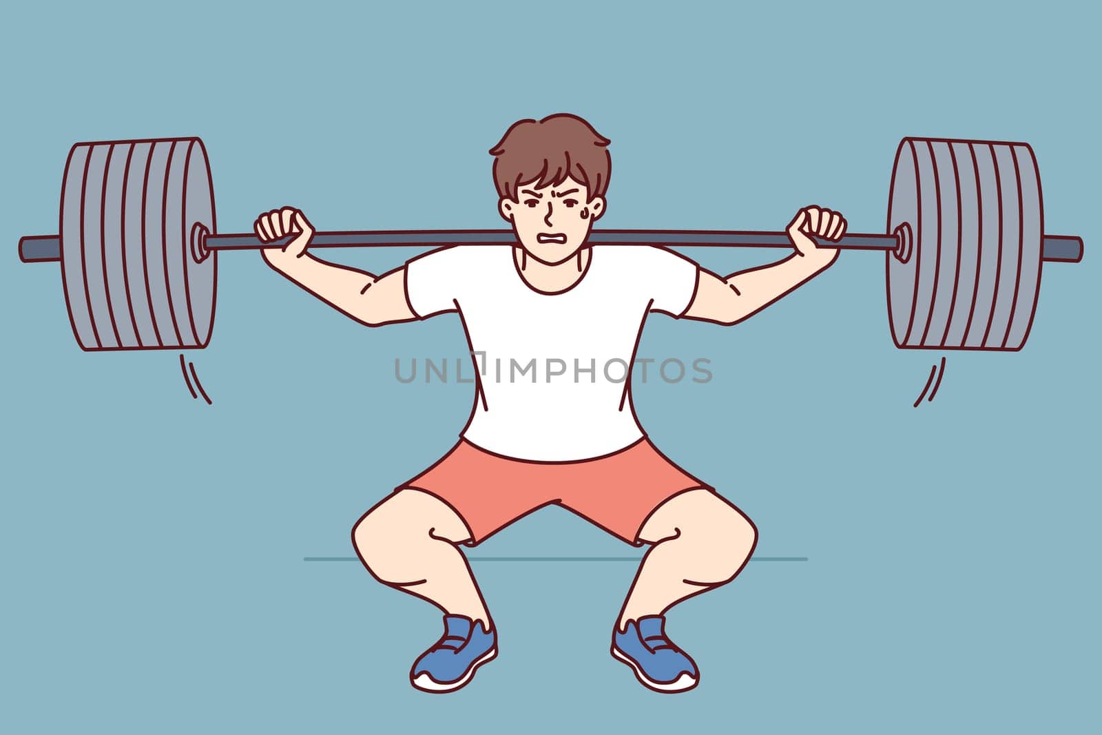 Man squats with barbell on shoulders, doing weightlifting in gym and trying to set new sports record. Guy wants to become professional bodybuilder lifts barbell to build muscle and succeed in fitness