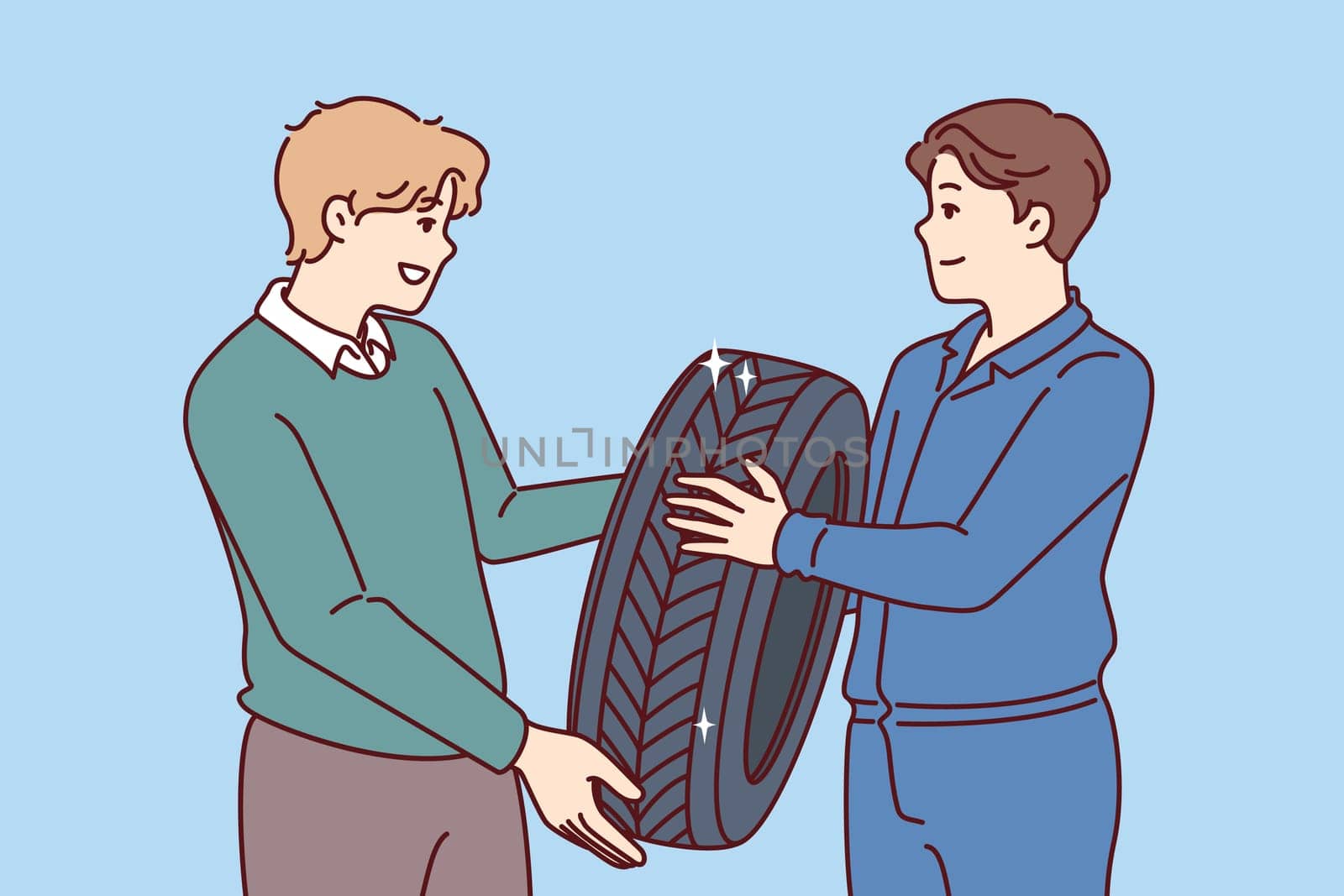 Man buys new tires for car wheel and consults mechanic, who help make right choice. Casual guy purchases winter tires for wheels to protect himself and those around from car accident.