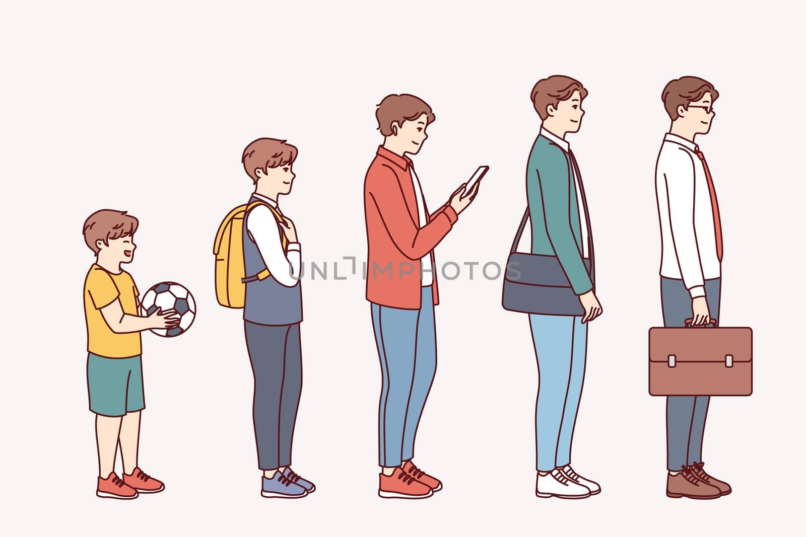 Different stages of man life from toddler to mature office manager, for progression concept. Different generations of men stand in row in ascending order, getting education and making career