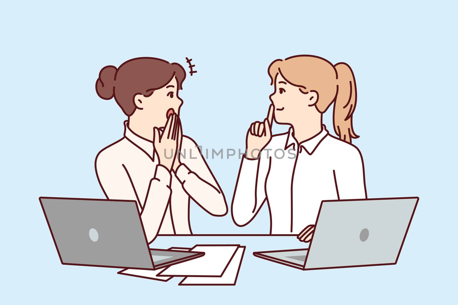 Woman office workers gossip and share secret forbidden for distribution, sitting at table with laptops and papers. Girls gossip and make shh sign forbidding data dissemination due to NDA contract