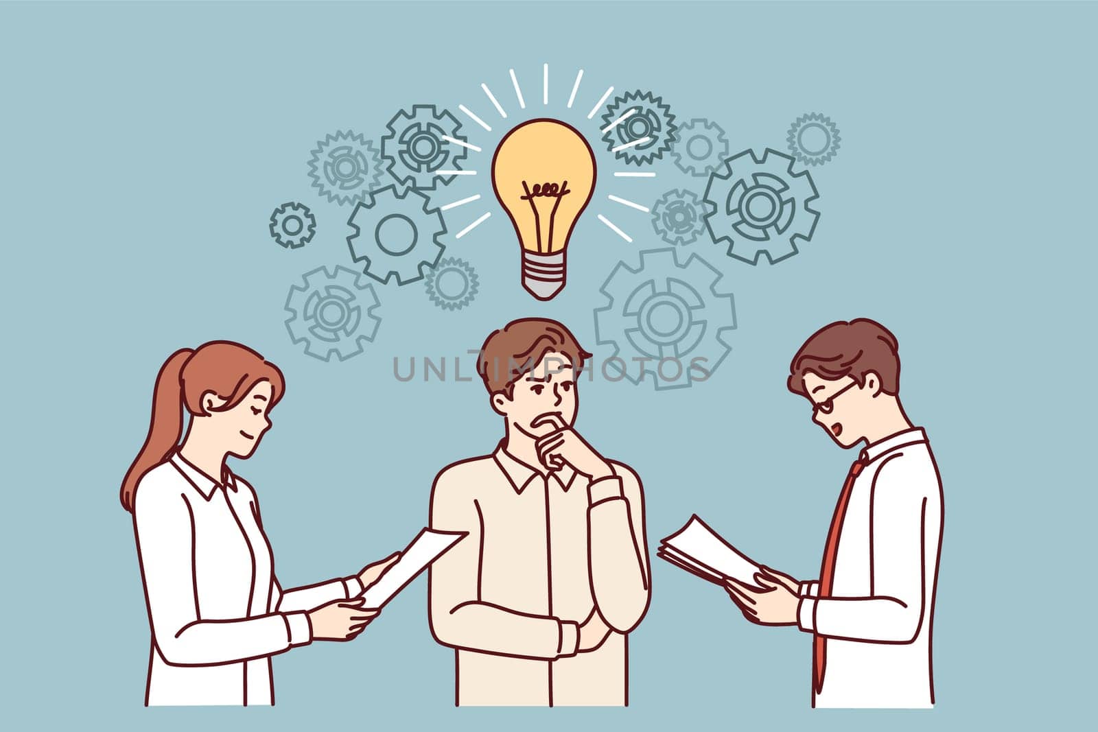 Business partners are brainstorming, discussing new ideas for development of company, standing with large light bulb over heads. Boss listens to ideas of subordinates to improve startup workflows