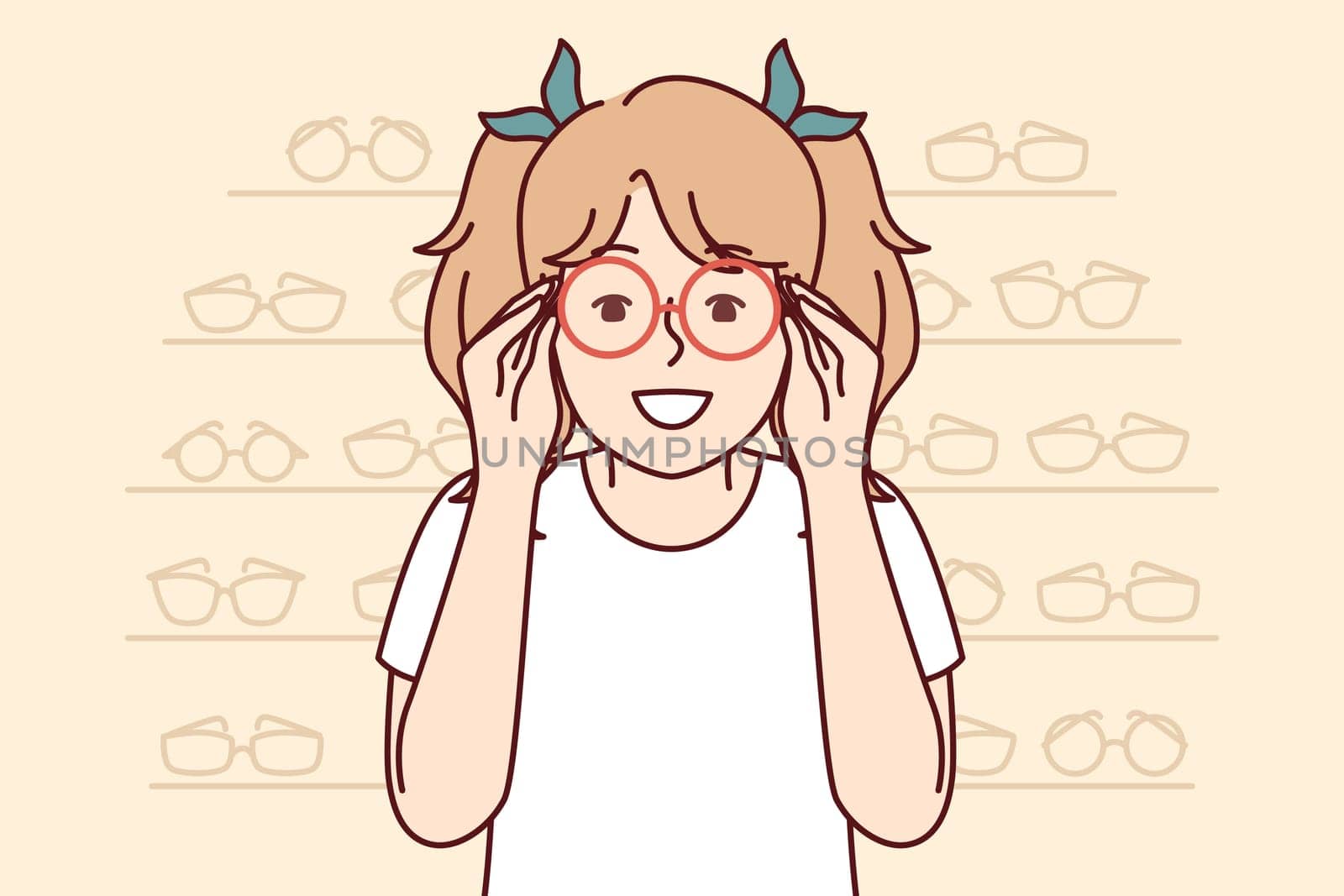 Little girl is trying on eyeglasses for vision correction, stands in optics store near showcases with glasses. Smiling child puts on round-rimmed eyeglasses to get rid of eye problems