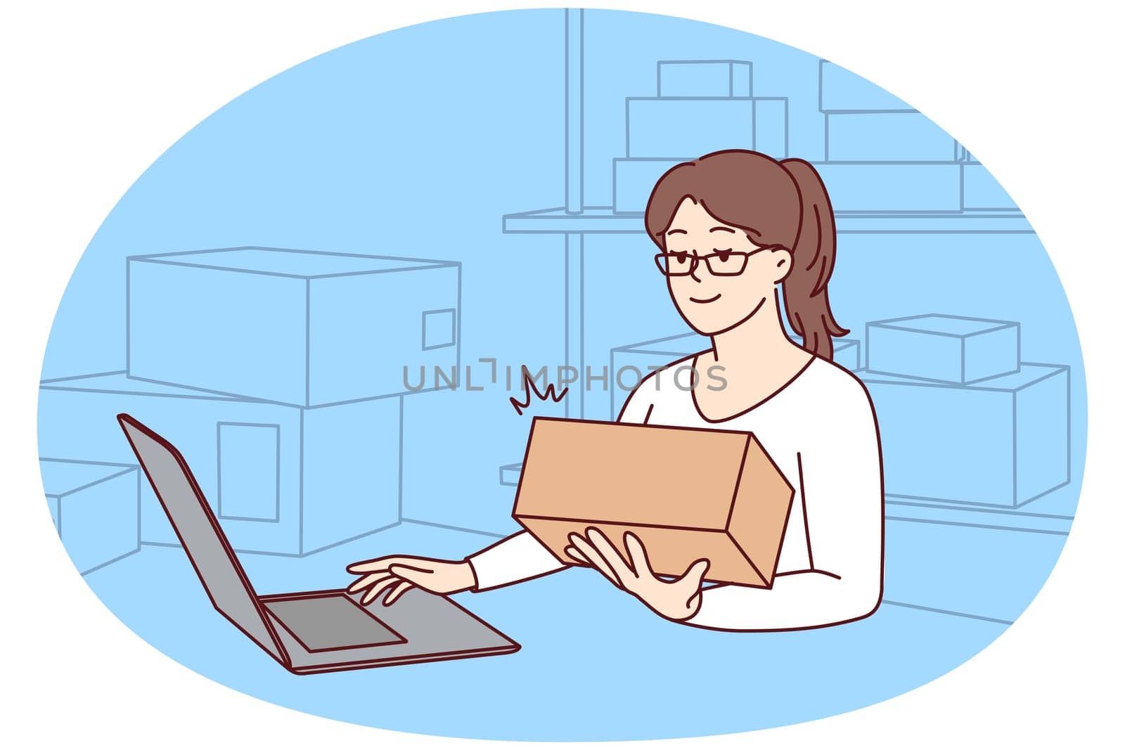 Smiling woman working on computer on warehouse forming orders. Happy female employee busy with packages on storage depot. Vector illustration.