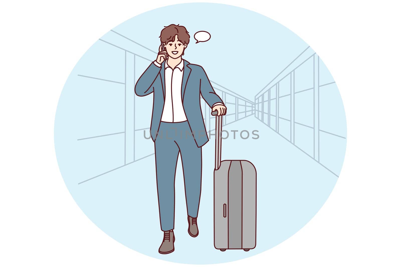 Young businessman with suitcase walking in airport talking on cellphone. Confident male boss in suit have smartphone call ready for business trip. Vector illustration.