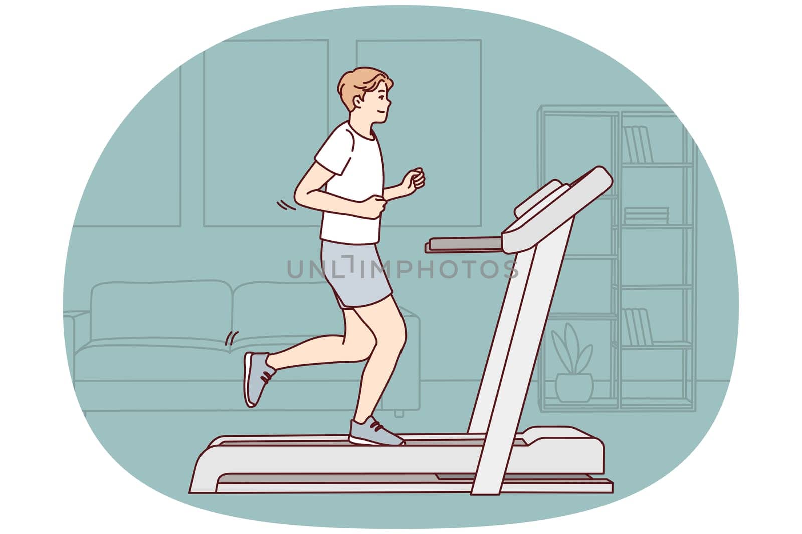 Young sportive man in sportswear running on racetrack at home. Toned motivated male do sports training indoors. Physical activity. Vector illustration.