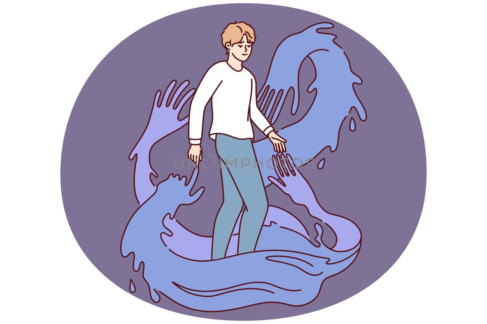 Young man surrounded by huge multiple hands. Guy influenced and manipulated by people. Concept of psychological manipulation and addiction. Vector illustration.