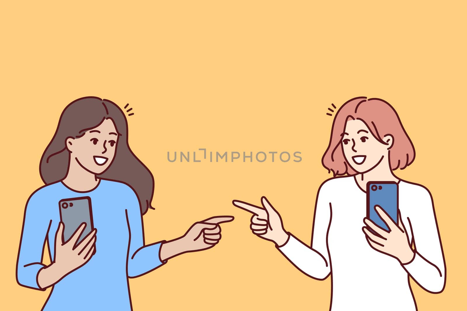 Women with mobile phones point fingers at each other, rejoicing at first meeting after acquaintance in social networks. Happy girls with phones, advertise applications for communication