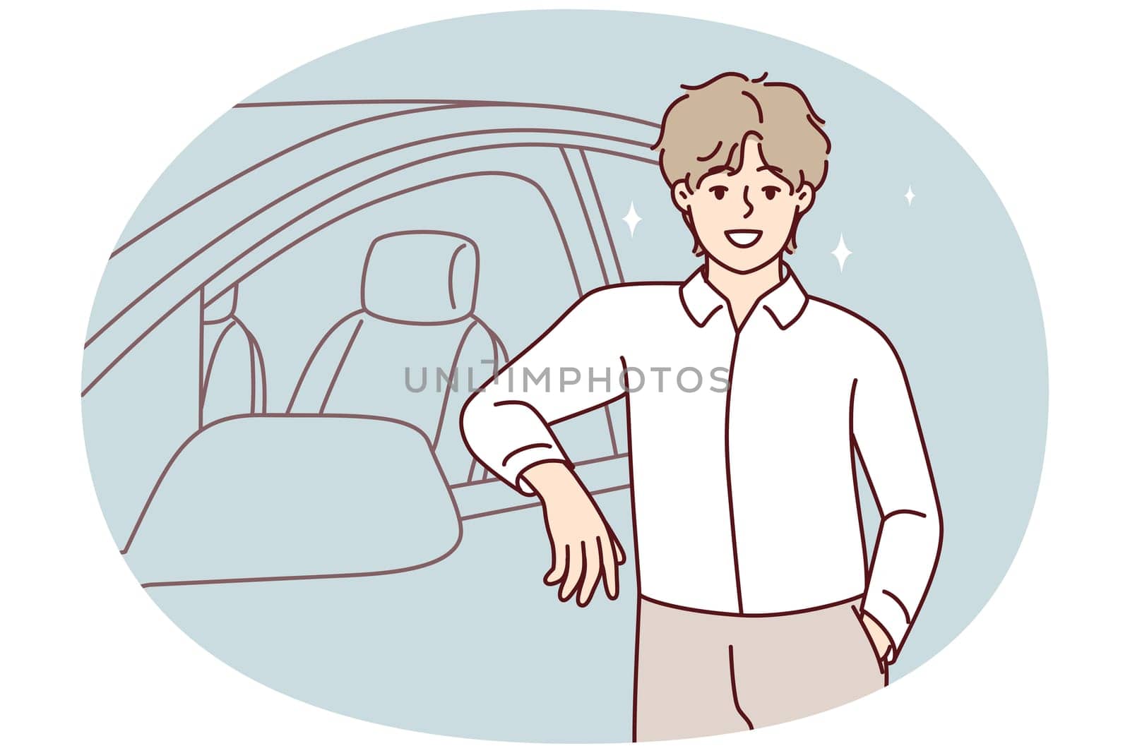 Smiling young man standing near new car in salon. Happy confident male buying automobile proud of purchase. Vector illustration.