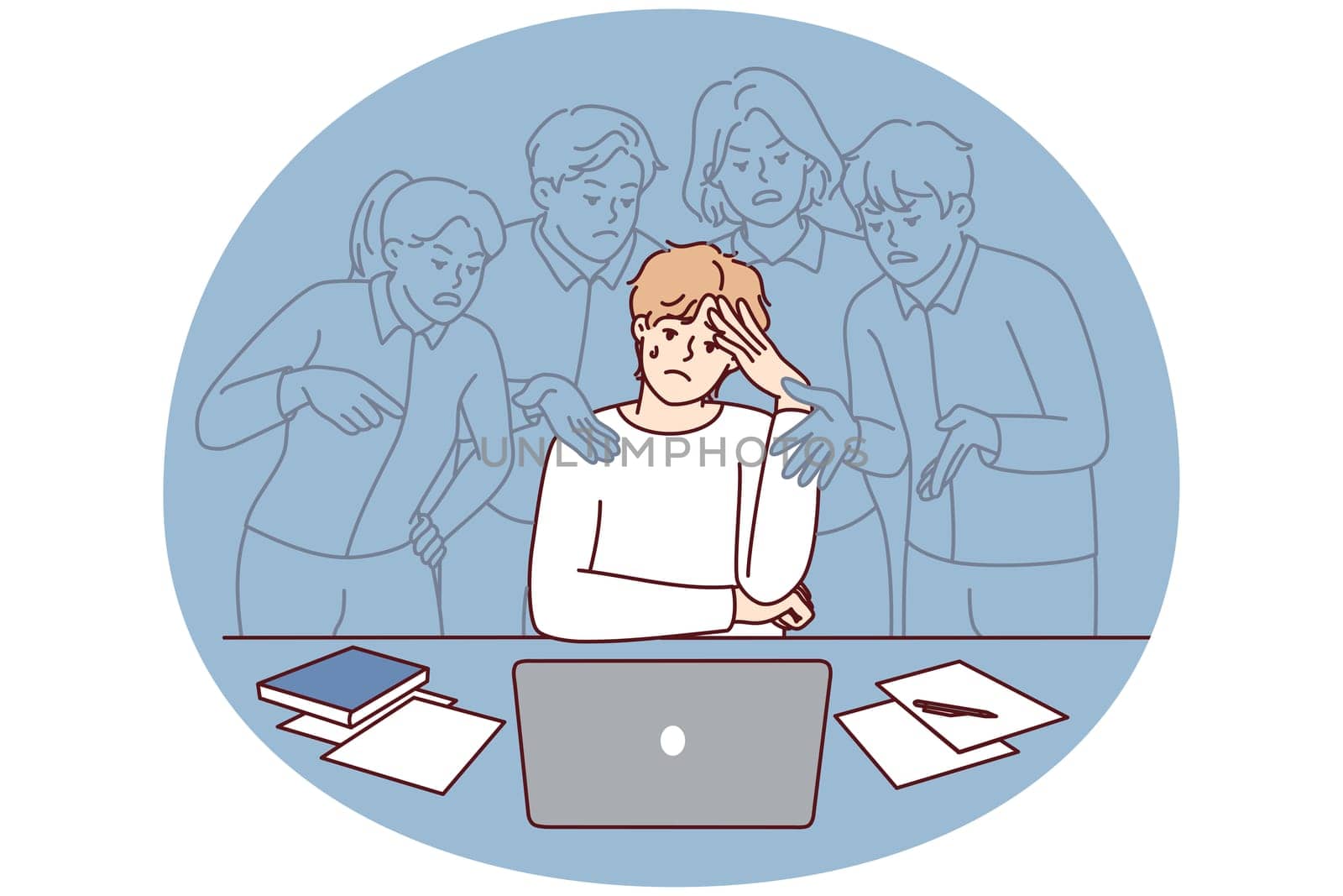 Stressed young man feel pressure by society opinion working on computer. Distressed male employee frustrated with annoying imaginary colleagues. Vector illustration.