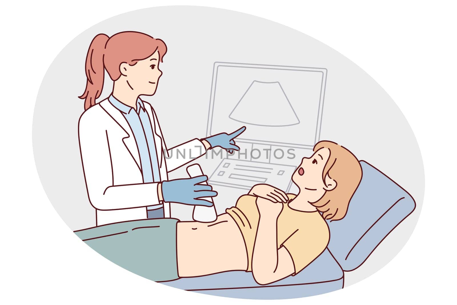 Doctor do belly ultrasound for woman lying on bed in hospital or clinic. Gynecologist or GP scan female patient abdomen. Healthcare and medicine. Vector illustration.