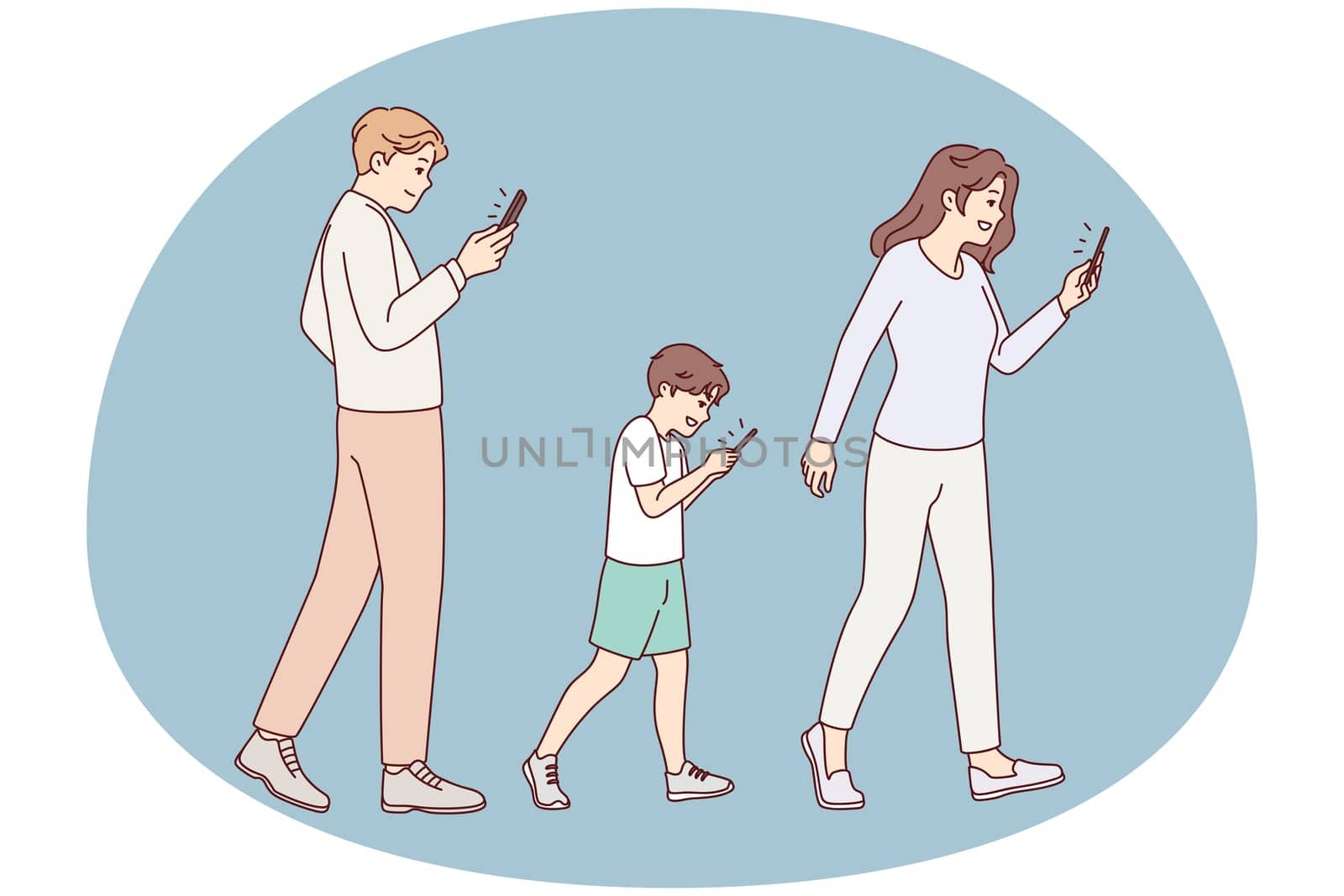 Family with kid walking street holding smartphones. Addicted parents and child using cellphone. Mobile phones and technology addiction. Vector illustration.