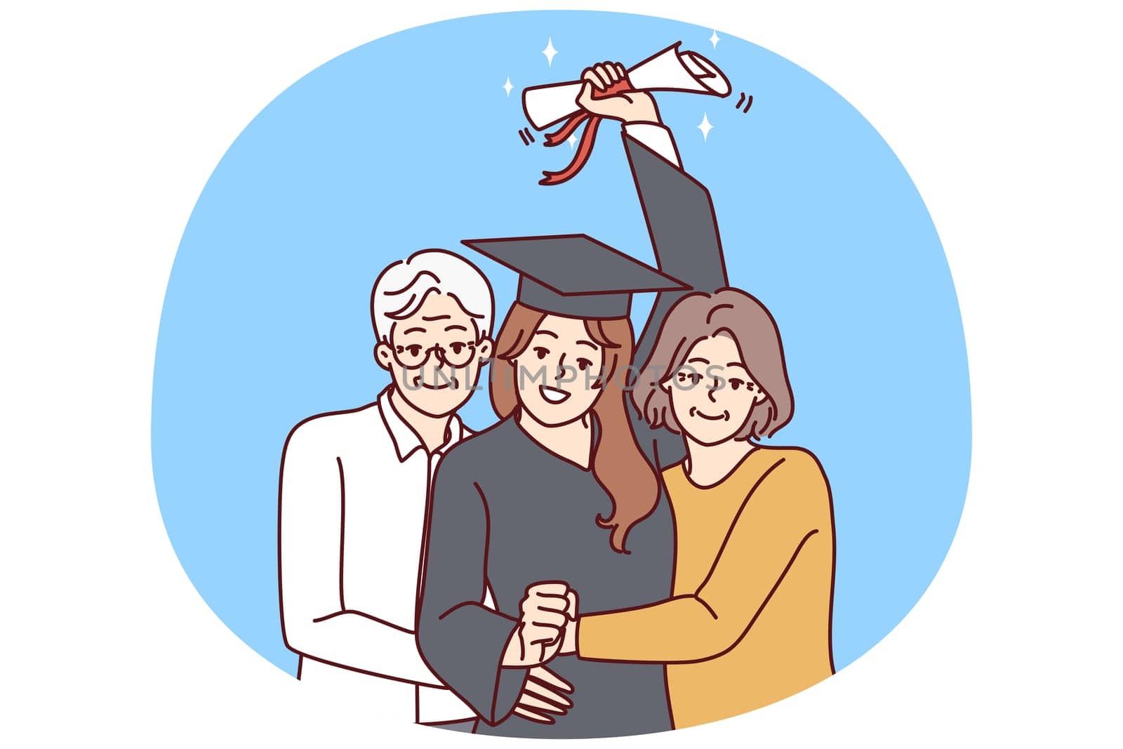 Happy elderly parents hug excited daughter in graduation mantle holding diploma. Smiling mature mom and dad embrace happy girl graduate from university. Vector illustration.