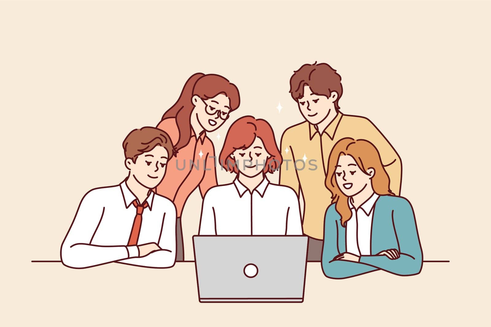 Successful business team looks at laptop screen together participating in corporate online meeting. Employees of consulting company in business clothes sit and stand near table with computer.
