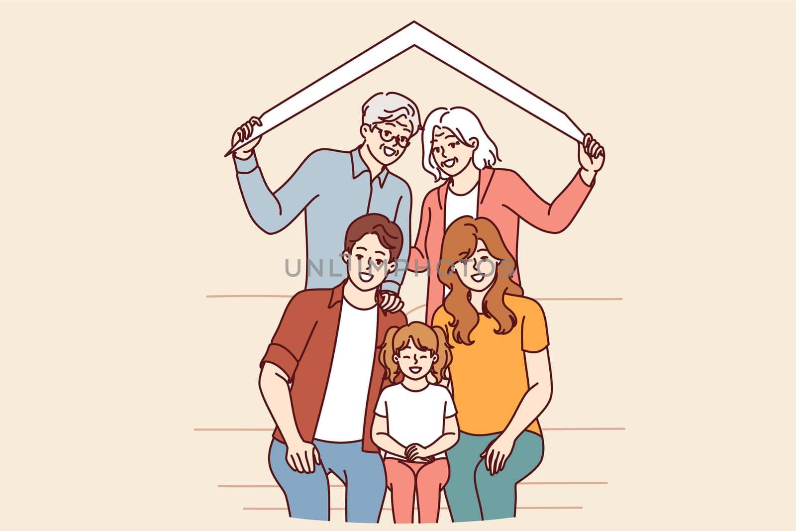 Large happy family of retired parents and millennial children with grandchildren under roof of house. Concept of relocating family from different generations to new house purchased with mortgage