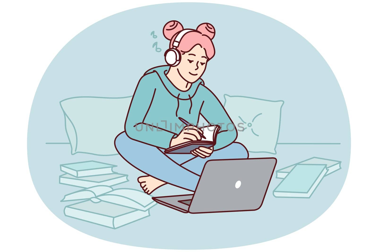 Girl in headphones study on laptop at home take notes in notebook. Happy female student in earphones write notepad have online class on computer. Vector illustration.