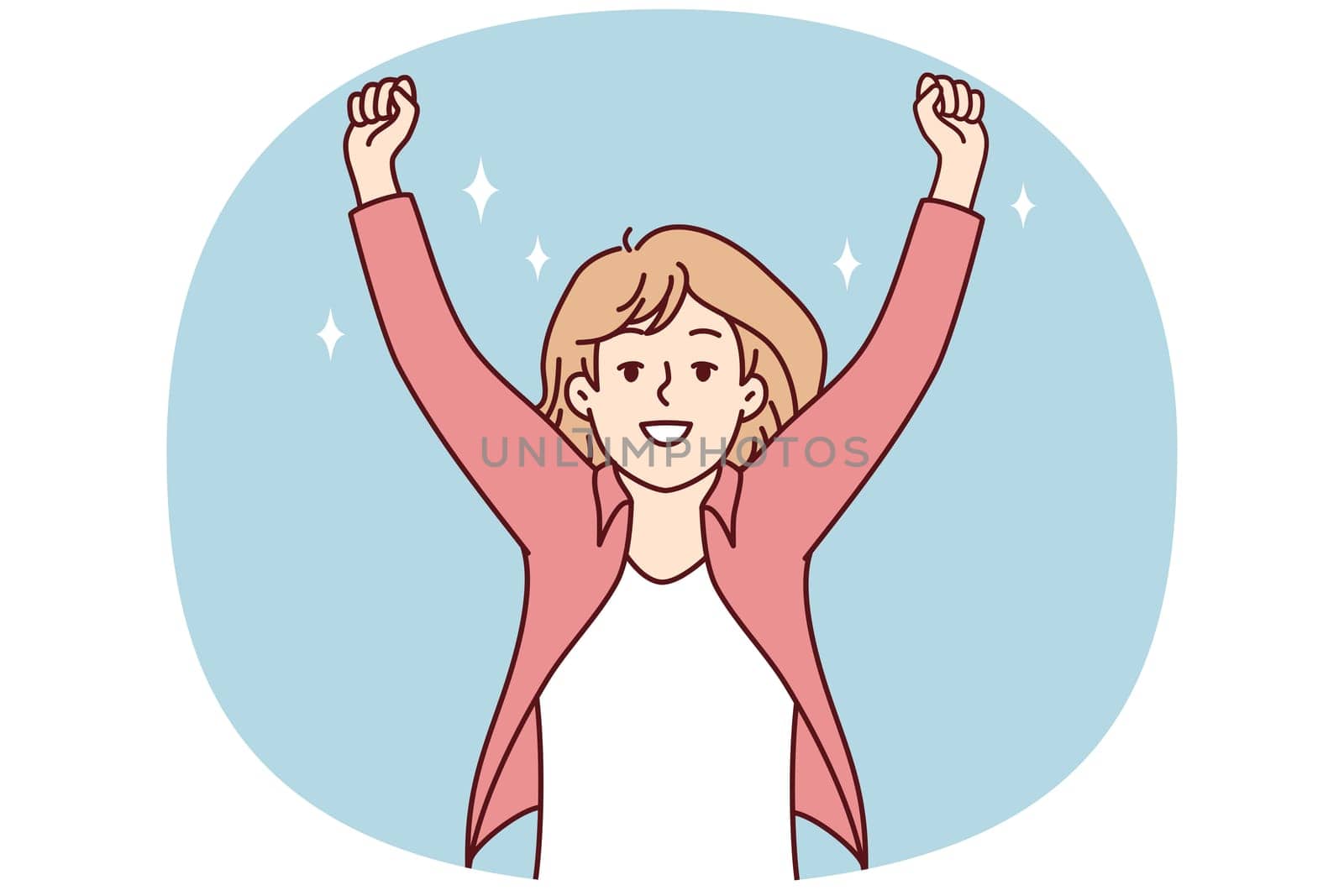 Smiling woman raise hands celebrate success or promotion. Happy female feel euphoric with win or victory. Vector illustration.