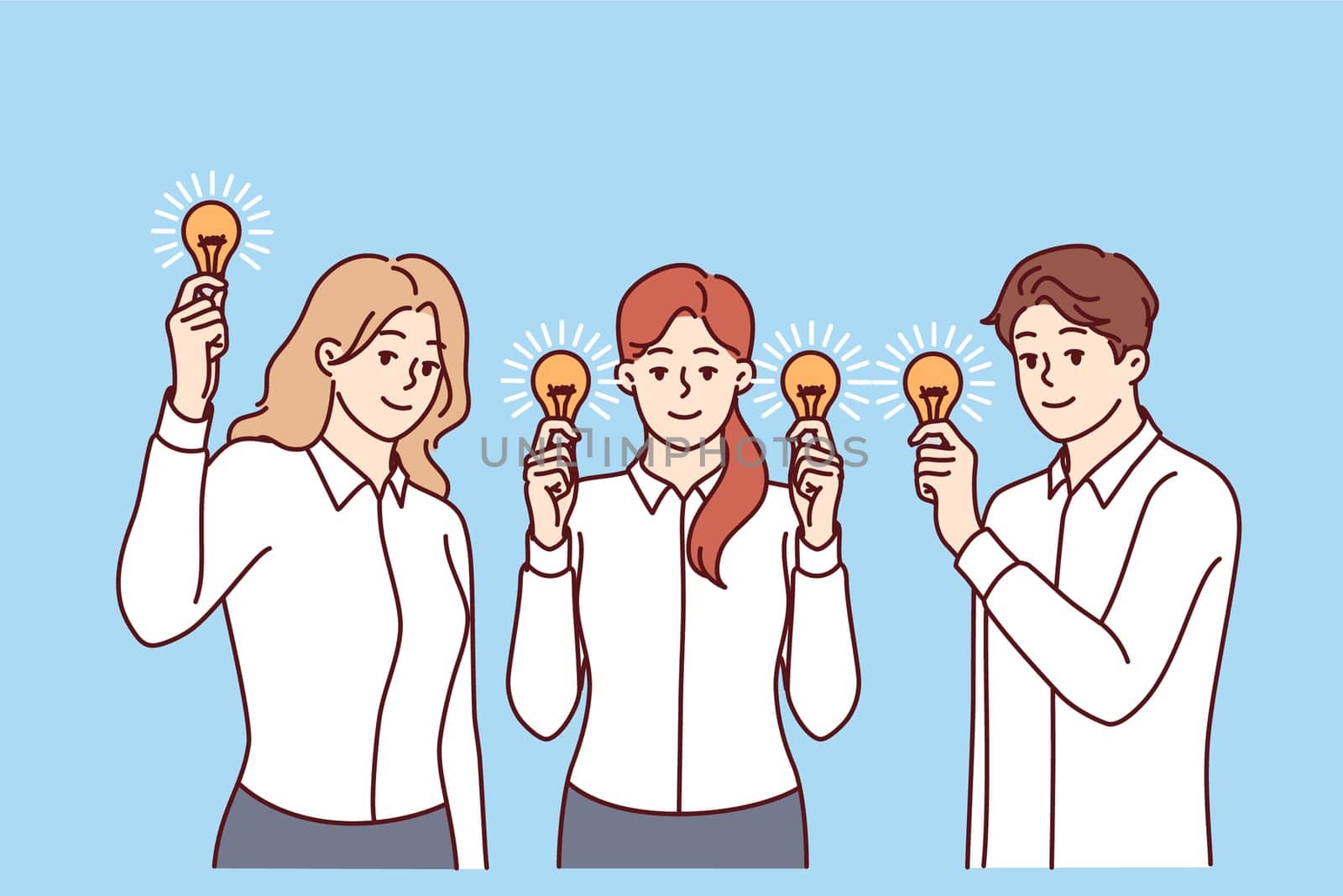 Business people with light bulbs symbolizing brainstorming to find new ideas to help solve corporate problems. Man and women office employees of marketing company participate in brainstorming session
