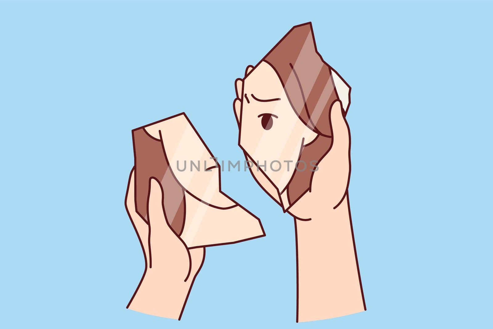 Woman looks into broken mirror symbolizing psychological problems and need to take antidepressants. Hands girl with psychological disorder caused by breakup with boyfriend or death of parents