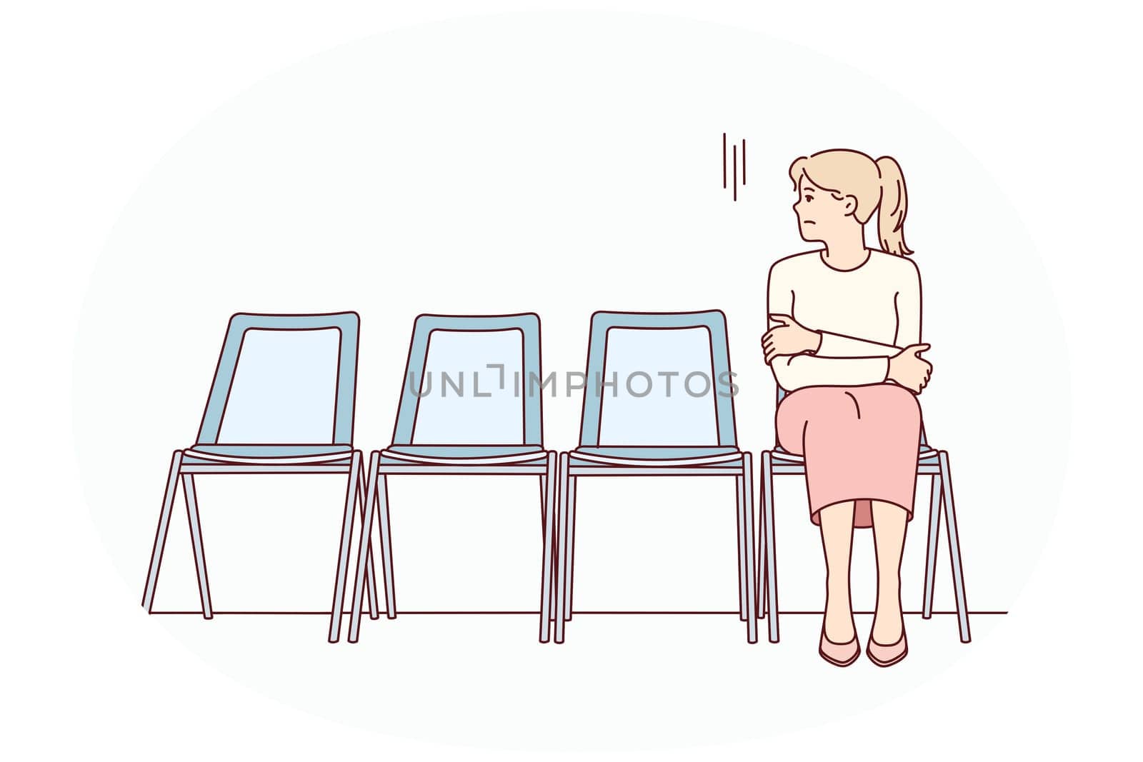Anxious young woman sit on chair in corridor waiting or appointment. Stressed female feel worried wait in line in hallway. Vector illustration.