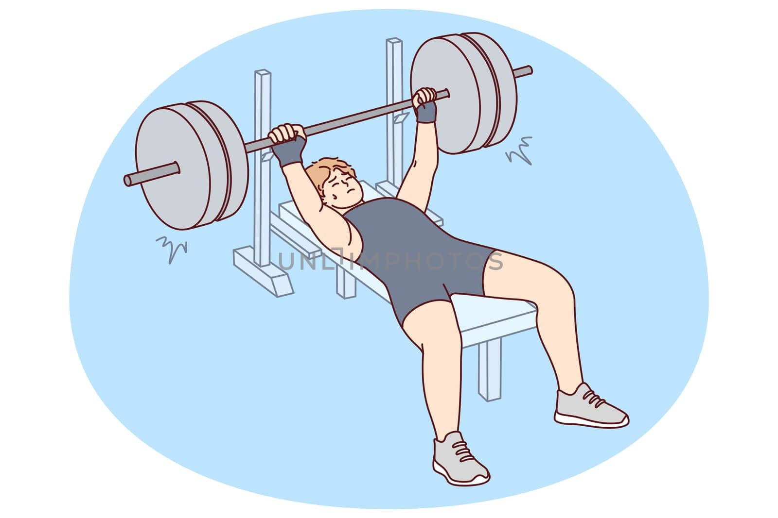 Male athlete in sportswear lift barbell in gym. Man powerlifter training preparing for competition. Sport and workout. Vector illustration.