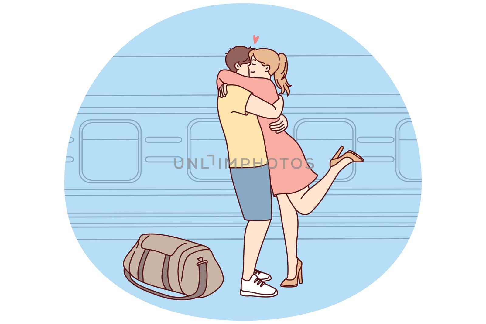Happy couple hug meet at railway station. Smiling girl embrace guy welcome near train. Long distance relationship. Vector illustration.