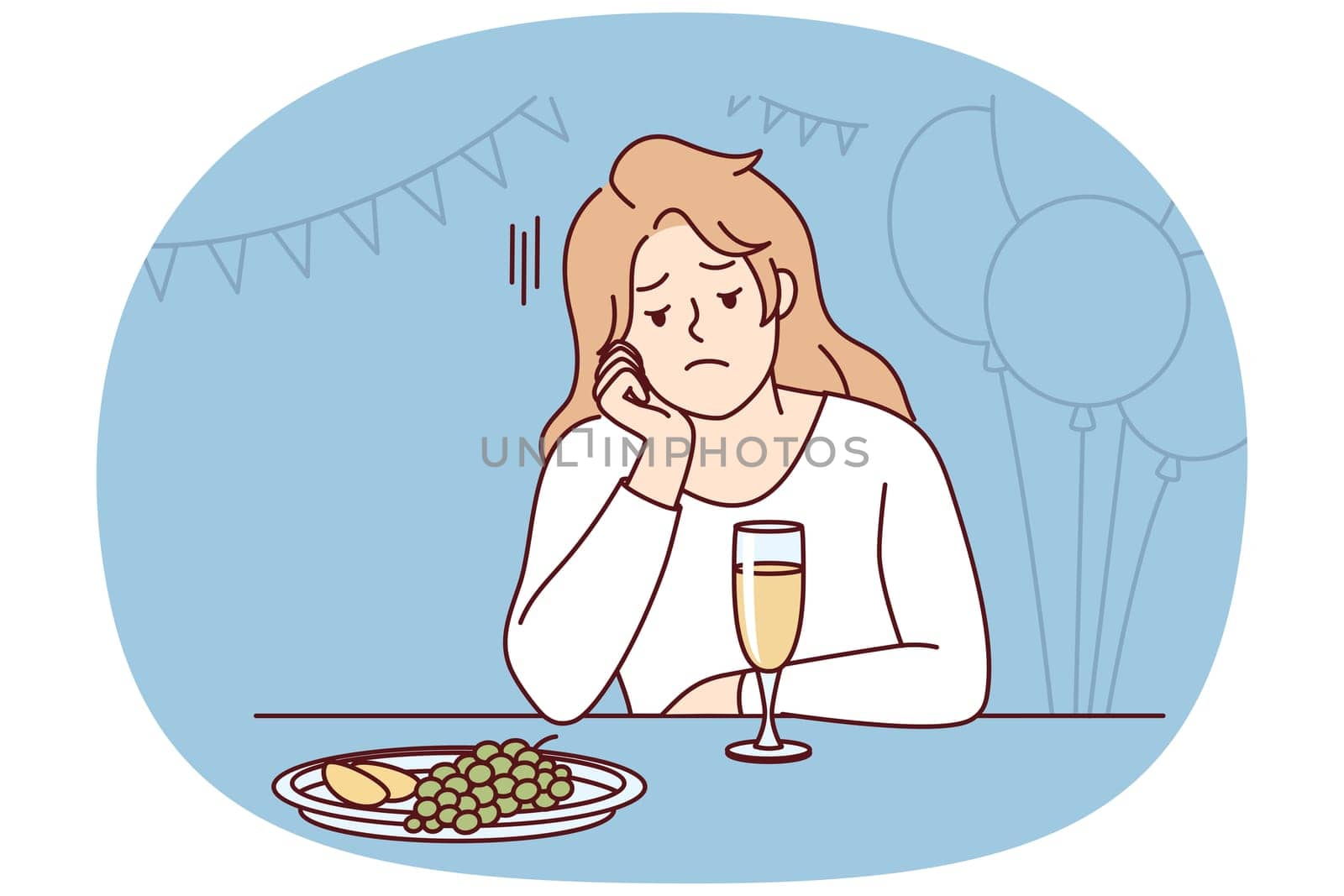 Bored young woman sit alone at party lack communication. Unhappy stressed girl feel lonely at celebration. Loneliness and solitude. Vector illustration.