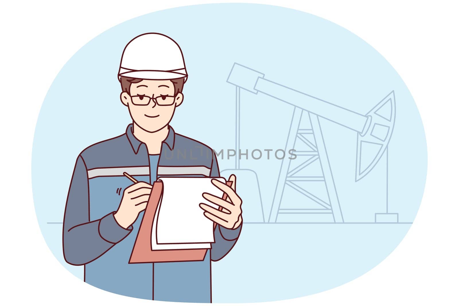 Male engineer in uniform and helmet take notes at construction site. Man worker write in journal working at building area. Engineering concept. Vector illustration.