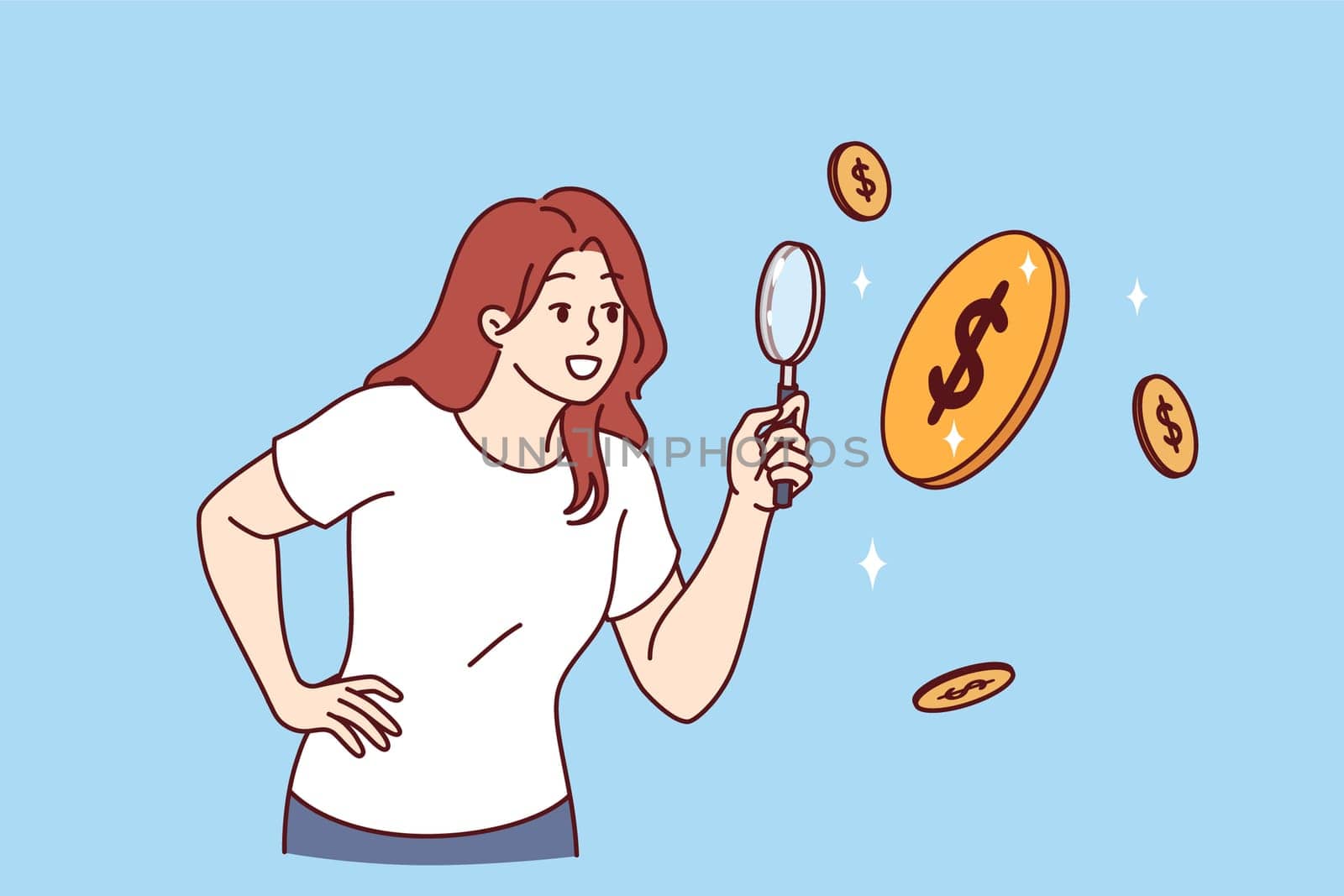 Woman examines falling coins through magnifying glass conducting financial research to increase income. Girl accountant is auditing own expenses to increase savings or start investing.
