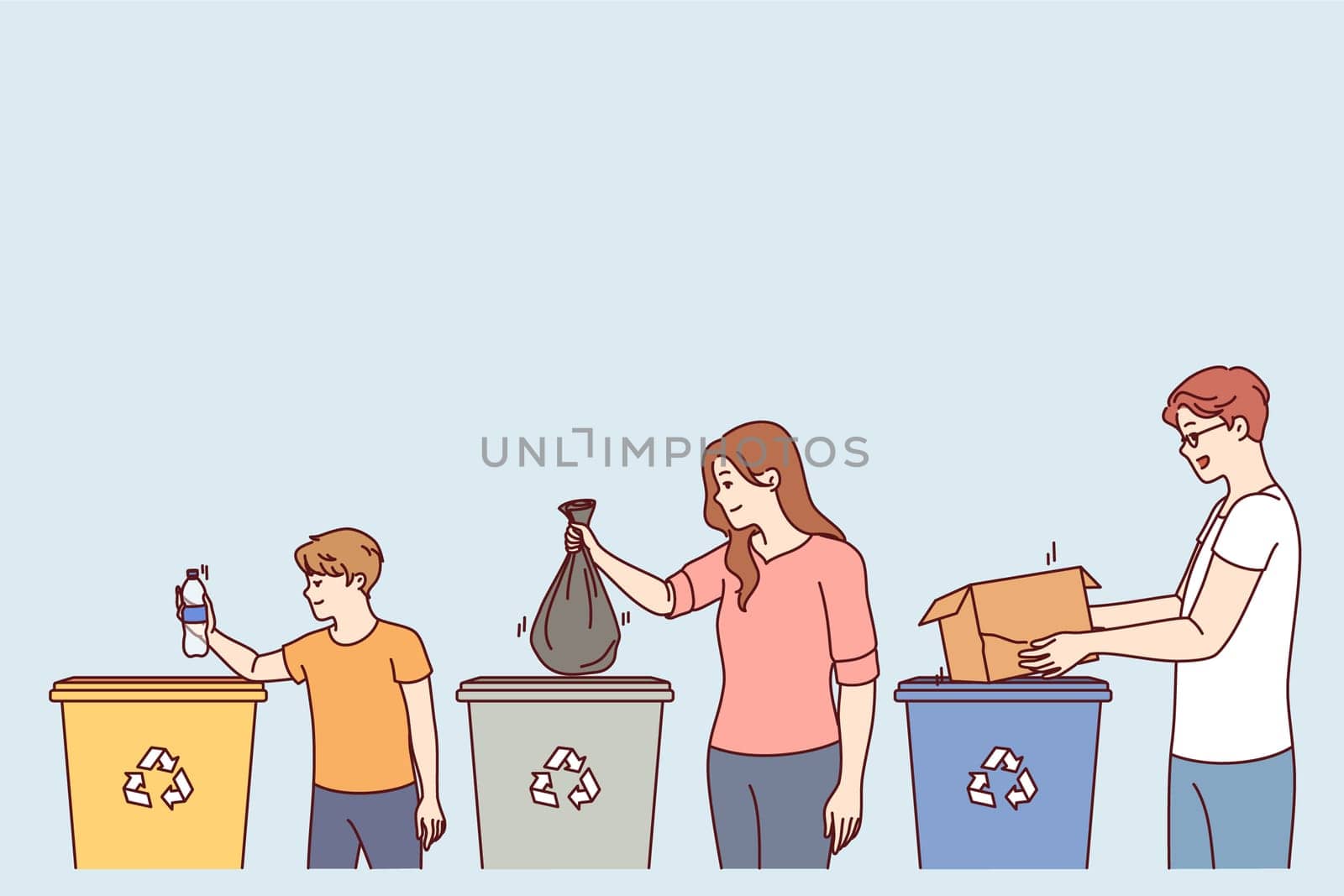 Parents and children stand near trash cans, participating in separate waste collection for helping to take care of environment. Boy and mom and dad are engaged in separate waste collection