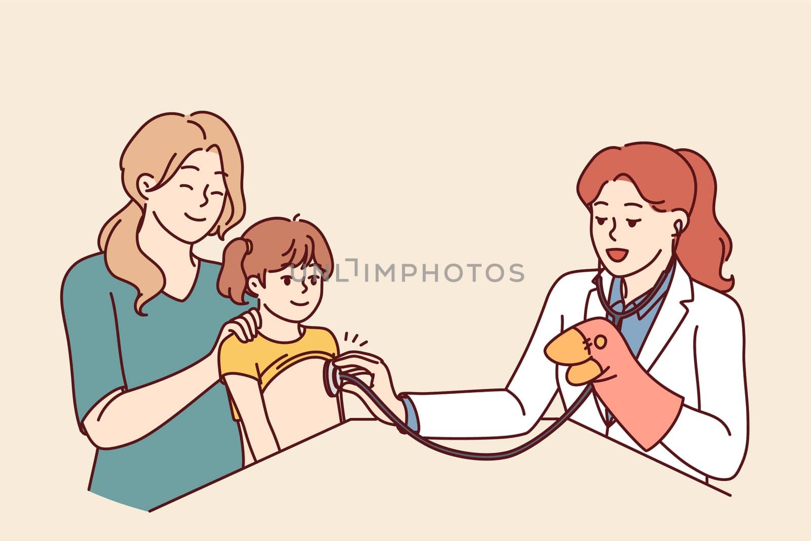 Woman doctor pediatrician applies stethoscope to chest of child sitting on lap of happy mother. Female in white coat works as pediatrician and entertains baby girl during routine examination