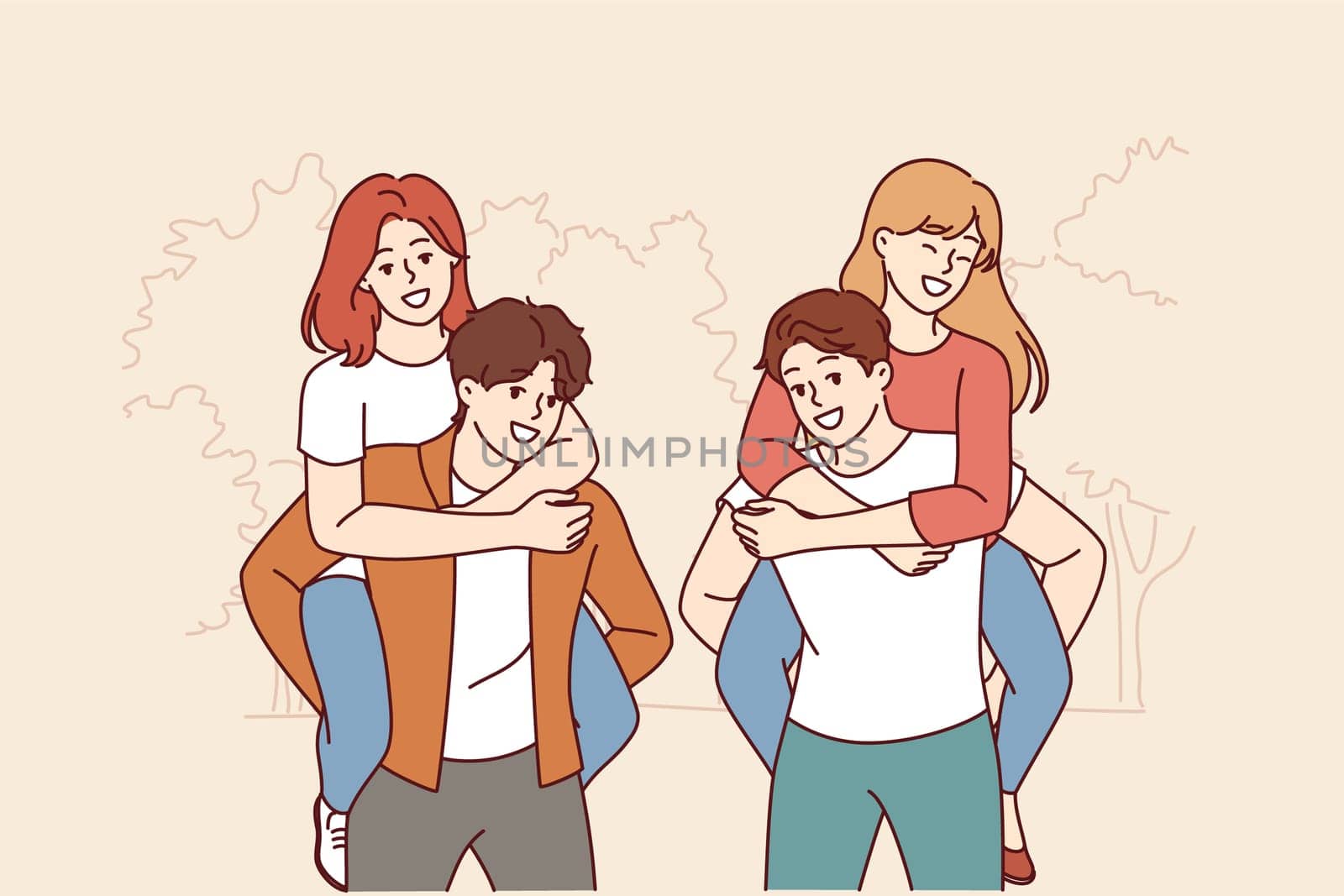 Happy teenagers boys give girls piggyback ride while walking through park and enjoying sunny weather. Cheerful teenagers pose for memorable photo standing near trees and smiling at screen
