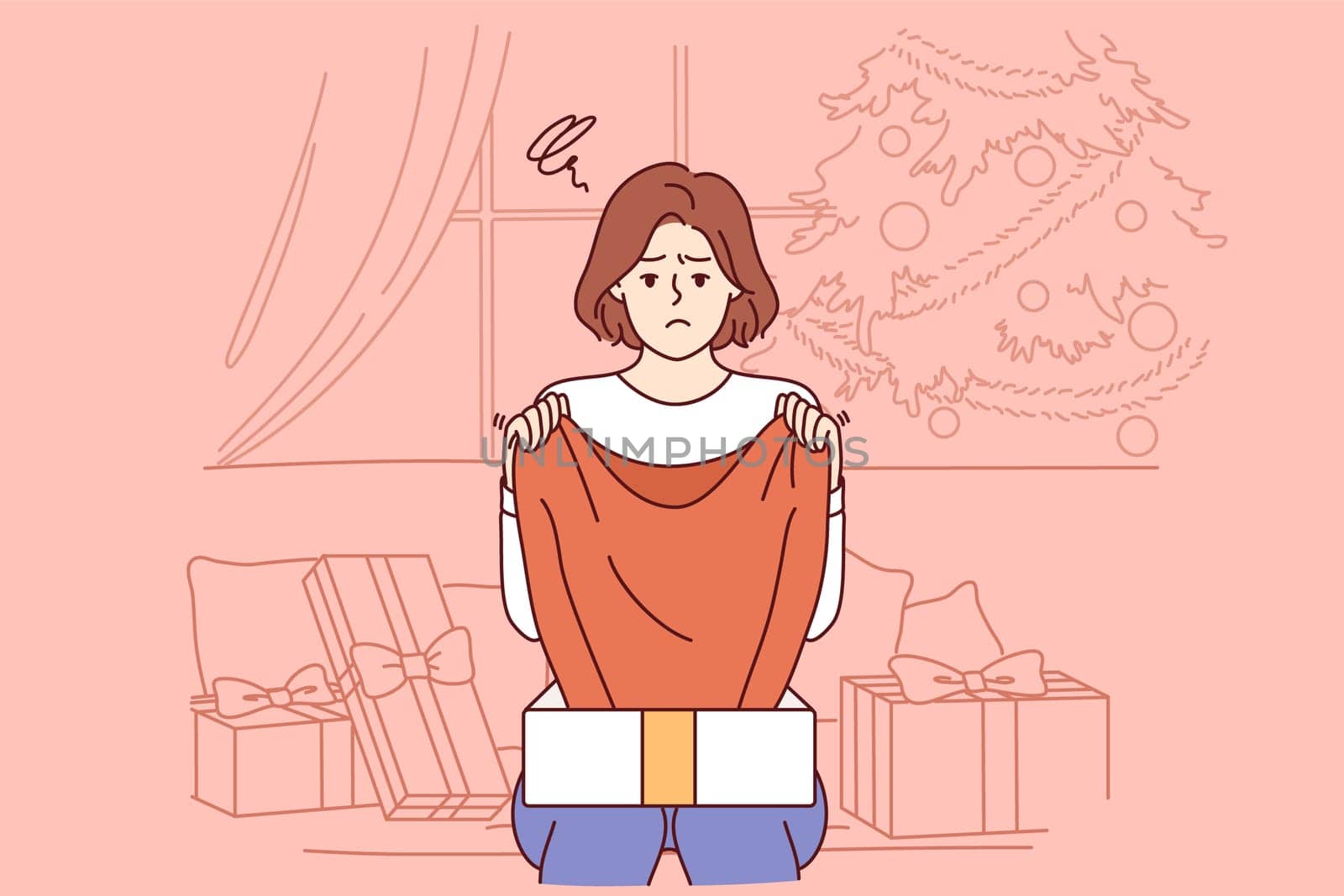 Sad woman upset by christmas gift, sitting on sofa among giftboxes near new year tree. Girl experienced stress after receiving unwanted gift or poor-quality item during christmas holidays