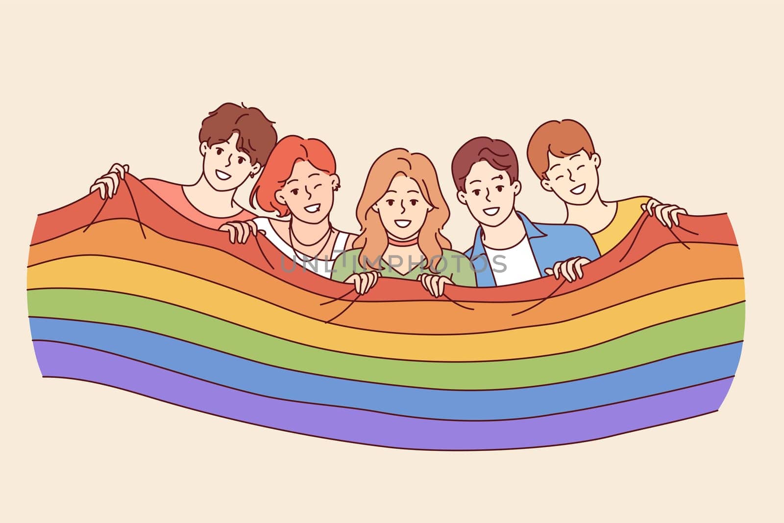 People with LGBT flag celebrating pride month or participating in gay and lesbian festival. Guys and girls wave LGBT flags calling on others to join queer community to fight for gender equality